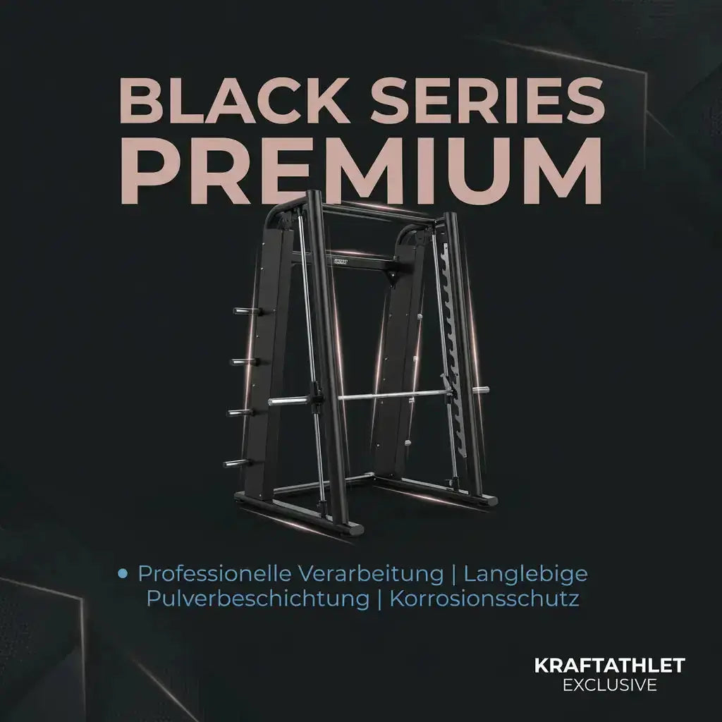 Titanium Strength Black Series Smith-Maschine 7° als Infografik zu Verarbeitung und Pulverbeschichtung