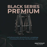 Titanium Strength Black Series Smith-Maschine 7° als Infografik zu Verarbeitung und Pulverbeschichtung