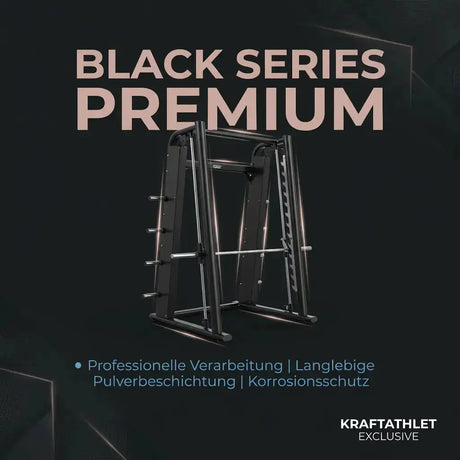 Titanium Strength Black Series Smith-Maschine 7° als Infografik zu Verarbeitung und Pulverbeschichtung