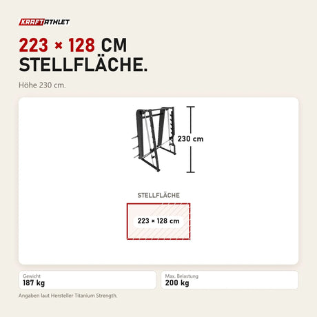 Maßbild Titanium Strength Black Series Smith-Maschine 7°: Stellfläche 223 × 128 cm, Höhe 230 cm