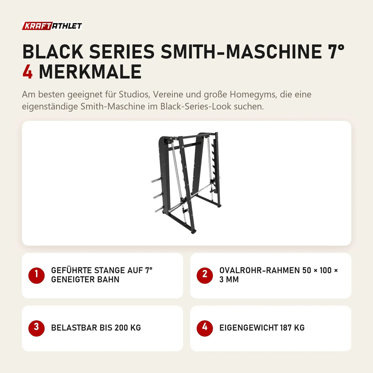 Titanium Strength Black Series Smith-Maschine 7° mit 4 Merkmalen: Geführte Stange auf 7° geneigter Bahn, Ovalrohr-Rahmen 50 × 100 × 3 mm, Belastbar bis 200 kg, Eigengewicht 187 kg