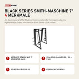 Titanium Strength Black Series Smith-Maschine 7° mit 4 Merkmalen: Geführte Stange auf 7° geneigter Bahn, Ovalrohr-Rahmen 50 × 100 × 3 mm, Belastbar bis 200 kg, Eigengewicht 187 kg