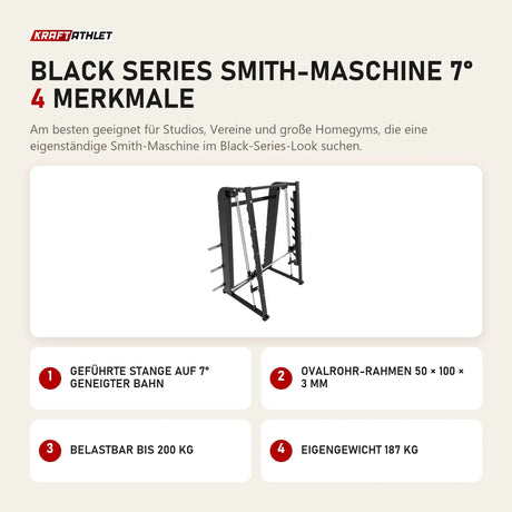 Titanium Strength Black Series Smith-Maschine 7° mit 4 Merkmalen: Geführte Stange auf 7° geneigter Bahn, Ovalrohr-Rahmen 50 × 100 × 3 mm, Belastbar bis 200 kg, Eigengewicht 187 kg