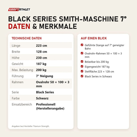 Technische Daten und Merkmale von Titanium Strength Black Series Smith-Maschine 7° als Tabelle
