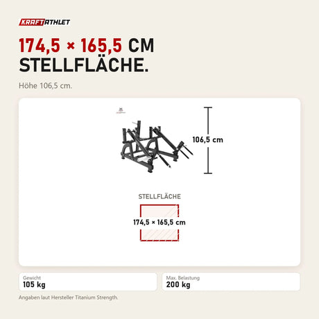 Maßbild Titanium Strength Black Series Squat Lunge Maschine: Stellfläche 174,5 × 165,5 cm, Höhe 106,5 cm