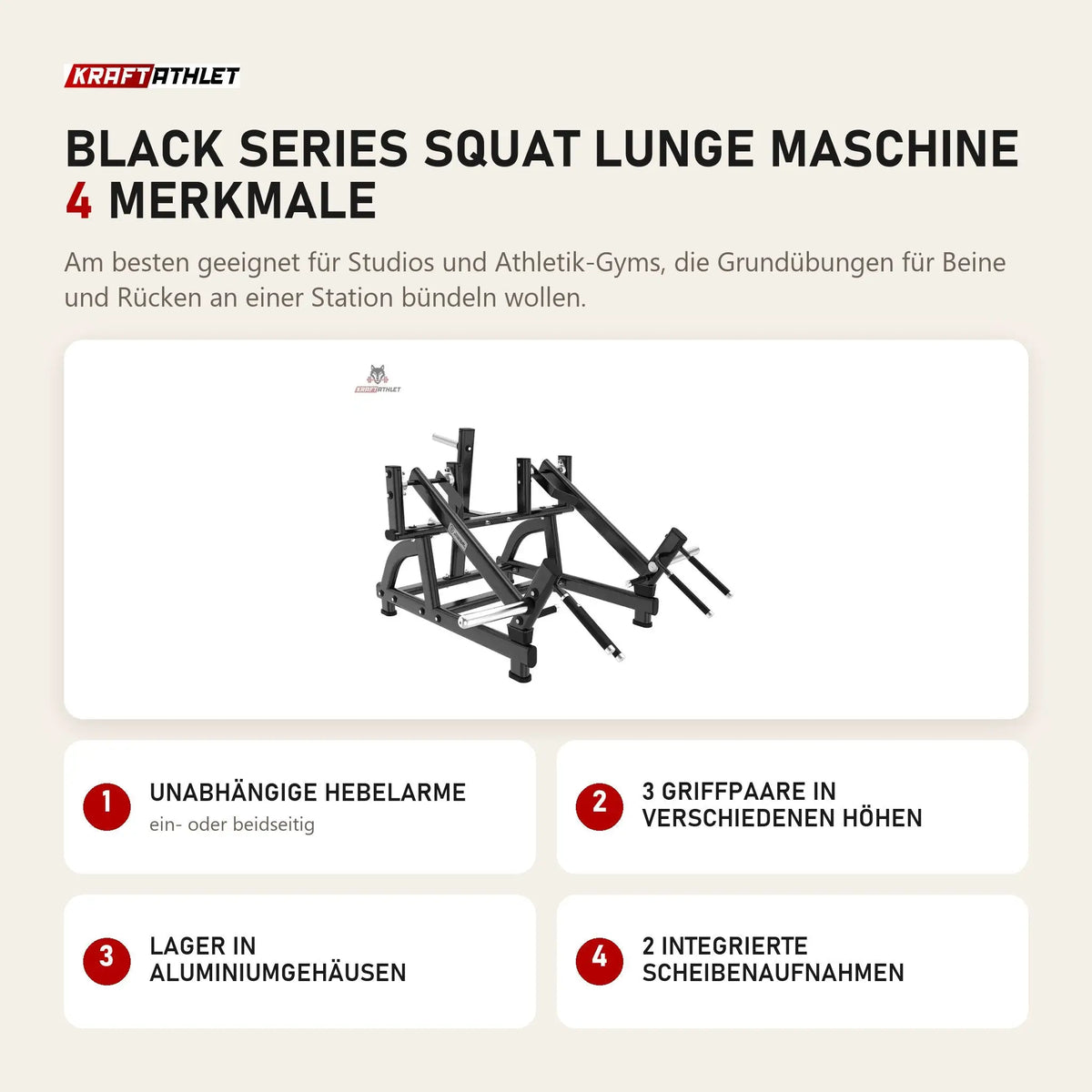 Titanium Strength Black Series Squat Lunge Maschine mit 4 Merkmalen: Unabhängige Hebelarme, 3 Griffpaare in verschiedenen Höhen, Lager in Aluminiumgehäusen, 2 integrierte Scheibenaufnahmen