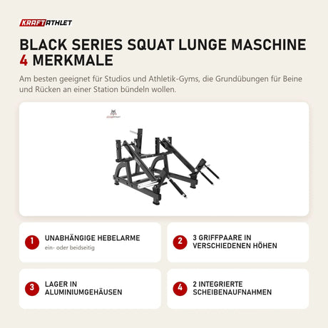 Titanium Strength Black Series Squat Lunge Maschine mit 4 Merkmalen: Unabhängige Hebelarme, 3 Griffpaare in verschiedenen Höhen, Lager in Aluminiumgehäusen, 2 integrierte Scheibenaufnahmen