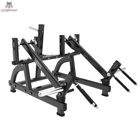 Titanium Strength Black Series Squat Lunge Maschine in Schrägansicht von vorn mit Schulterpolstern und Hebelarmen