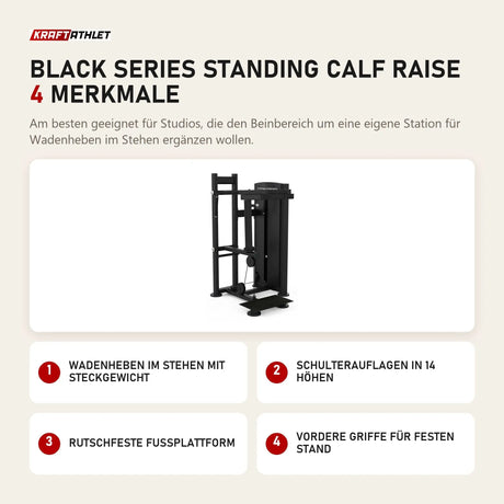 Titanium Strength Black Series Standing Calf Raise mit 4 Merkmalen: Wadenheben im Stehen mit Steckgewicht, Schulterauflagen in 14 Höhen, Rutschfeste Fußplattform, Vordere Griffe für festen Stand