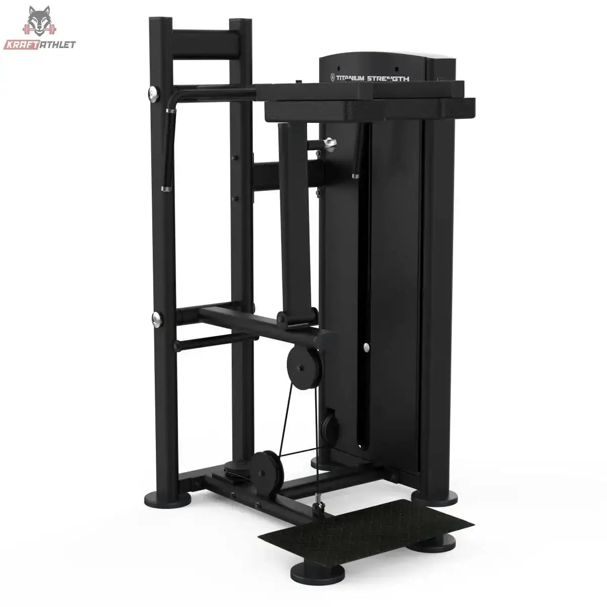 Titanium Strength Black Series Standing Calf Raise: Schrägansicht mit Schulterpolstern und Trittplatte, in Schwarz