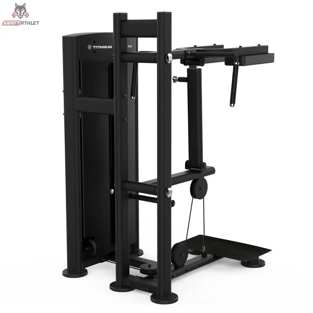 Titanium Strength Black Series Standing Calf Raise: Schrägansicht von rechts mit Führungsrahmen, in Schwarz