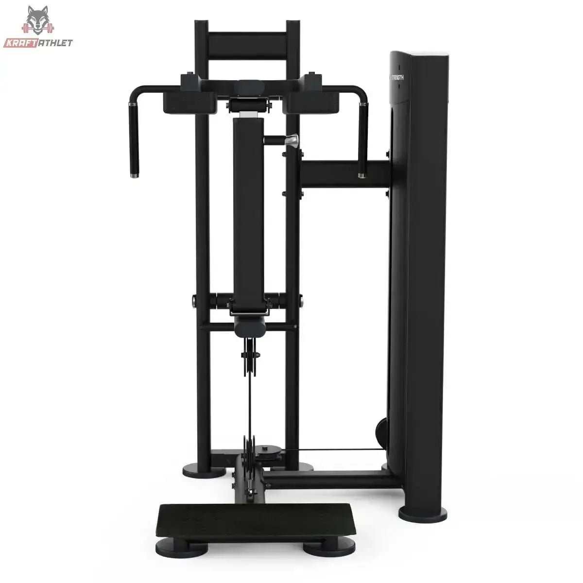 Titanium Strength Black Series Standing Calf Raise: Seitenansicht mit Schulterpolstern und Gewichtsturm, in Schwarz