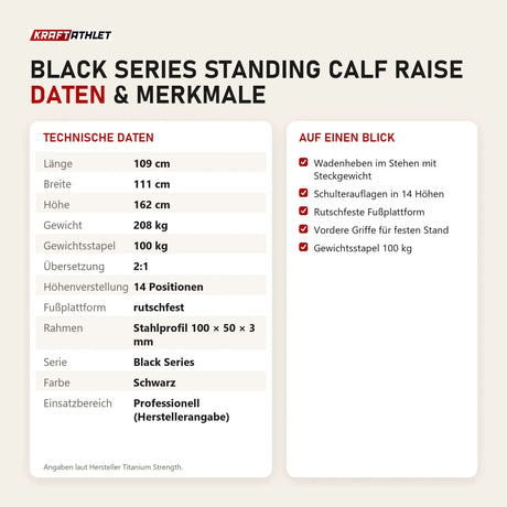 Technische Daten und Merkmale von Titanium Strength Black Series Standing Calf Raise als Tabelle