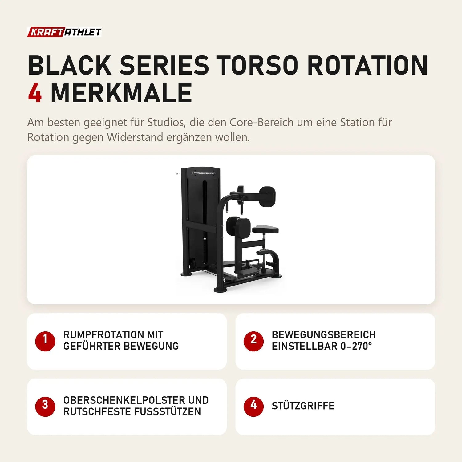 Titanium Strength Black Series Torso Rotation mit 4 Merkmalen: Rumpfrotation mit geführter Bewegung, Bewegungsbereich einstellbar 0–270°, Oberschenkelpolster und rutschfeste Fußstützen, Stützgriffe
