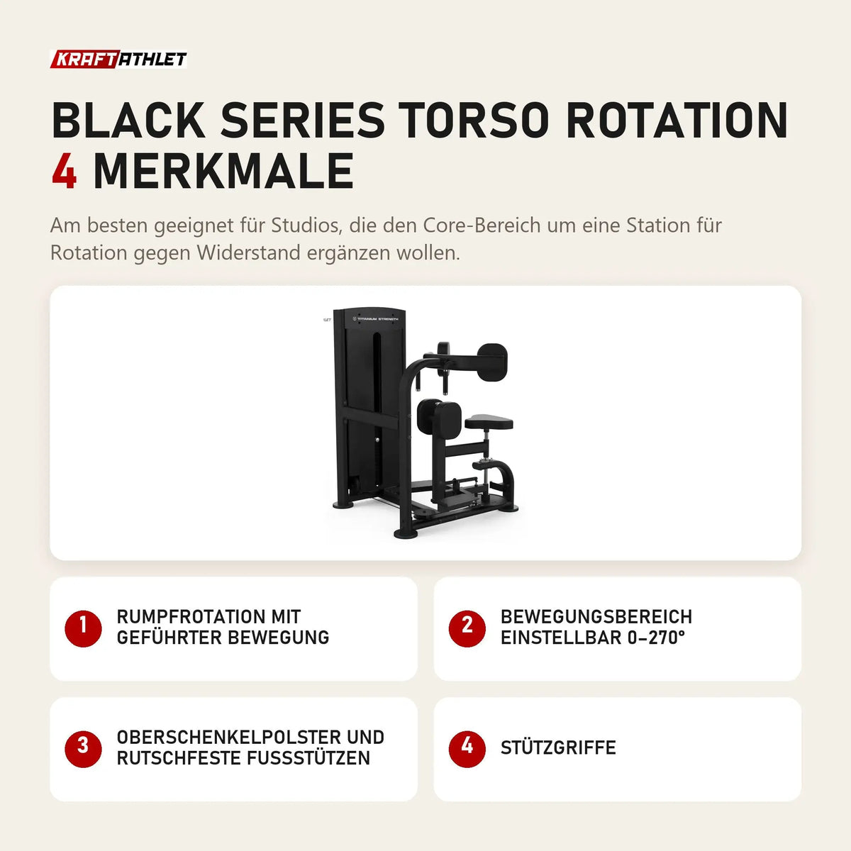 Titanium Strength Black Series Torso Rotation mit 4 Merkmalen: Rumpfrotation mit geführter Bewegung, Bewegungsbereich einstellbar 0–270°, Oberschenkelpolster und rutschfeste Fußstützen, Stützgriffe