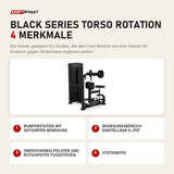 Titanium Strength Black Series Torso Rotation mit 4 Merkmalen: Rumpfrotation mit geführter Bewegung, Bewegungsbereich einstellbar 0–270°, Oberschenkelpolster und rutschfeste Fußstützen, Stützgriffe