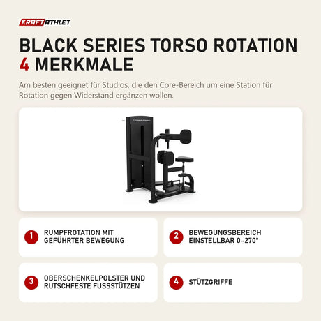 Titanium Strength Black Series Torso Rotation mit 4 Merkmalen: Rumpfrotation mit geführter Bewegung, Bewegungsbereich einstellbar 0–270°, Oberschenkelpolster und rutschfeste Fußstützen, Stützgriffe