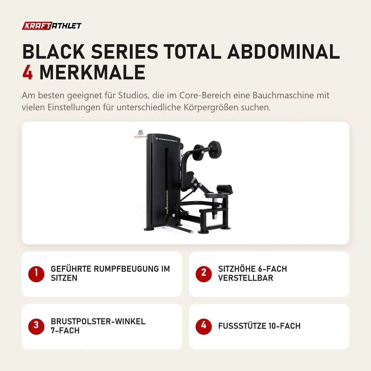Titanium Strength Black Series Total Abdominal mit 4 Merkmalen: Geführte Rumpfbeugung im Sitzen, Sitzhöhe 6-fach verstellbar, Brustpolster-Winkel 7-fach, Fußstütze 10-fach