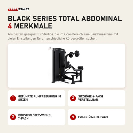 Titanium Strength Black Series Total Abdominal mit 4 Merkmalen: Geführte Rumpfbeugung im Sitzen, Sitzhöhe 6-fach verstellbar, Brustpolster-Winkel 7-fach, Fußstütze 10-fach