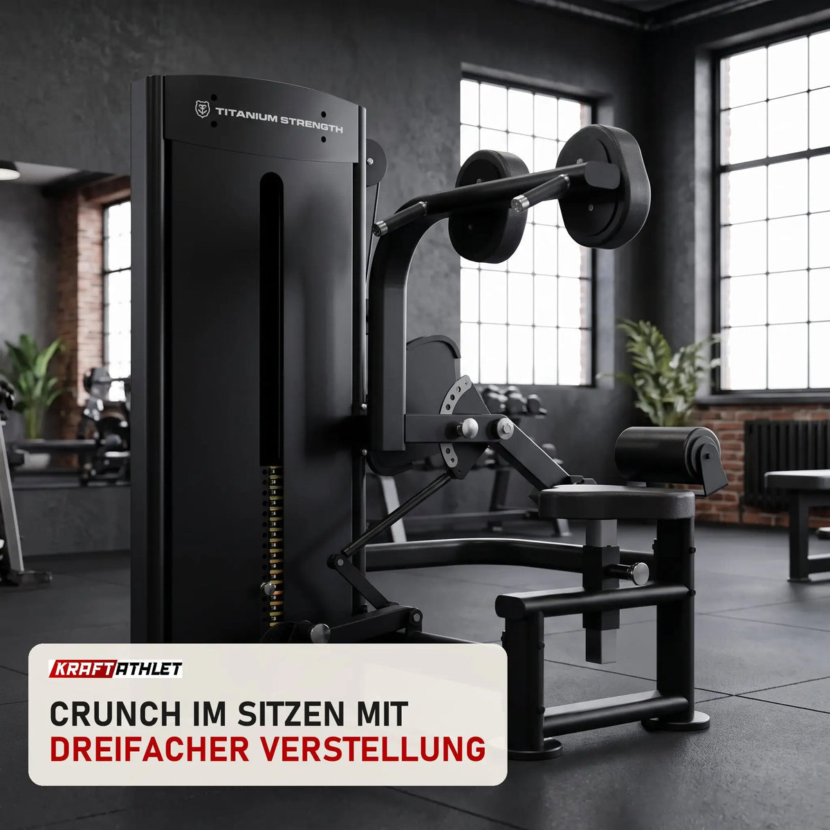 Titanium Strength Black Series Total Abdominal in einem fertig eingerichteten Studio mit dunklen Wänden und Gummiboden