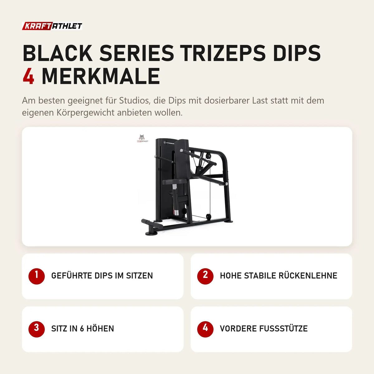 Titanium Strength Black Series Trizeps Dips mit 4 Merkmalen: Geführte Dips im Sitzen, Hohe stabile Rückenlehne, Sitz in 6 Höhen, Vordere Fußstütze