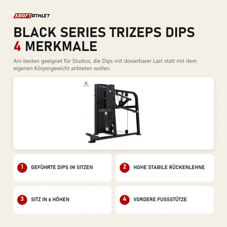 Titanium Strength Black Series Trizeps Dips mit 4 Merkmalen: Geführte Dips im Sitzen, Hohe stabile Rückenlehne, Sitz in 6 Höhen, Vordere Fußstütze