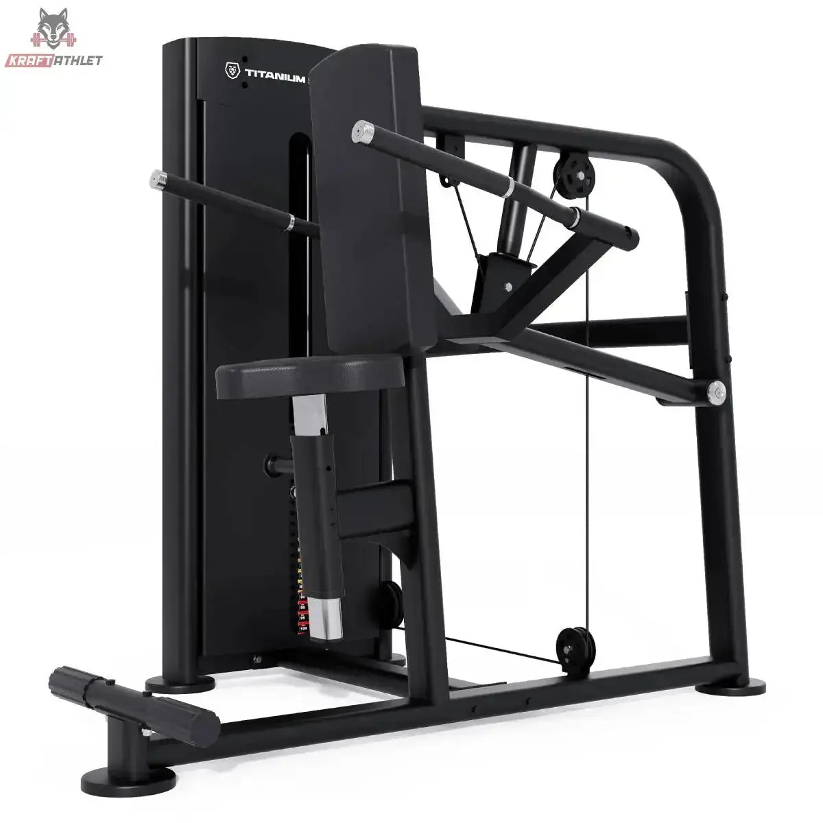 Titanium Strength Black Series Trizeps Dips: Schrägansicht von rechts mit Dipgriffen und Gewichtsturm