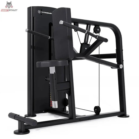 Titanium Strength Black Series Trizeps Dips: Schrägansicht von rechts mit Dipgriffen und Gewichtsturm