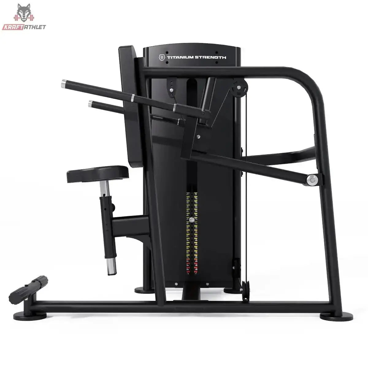 Titanium Strength Black Series Trizeps Dips: Seitenansicht mit Sitz, Griffen und Fußstütze