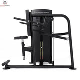 Titanium Strength Black Series Trizeps Dips: Seitenansicht mit Sitz, Griffen und Fußstütze
