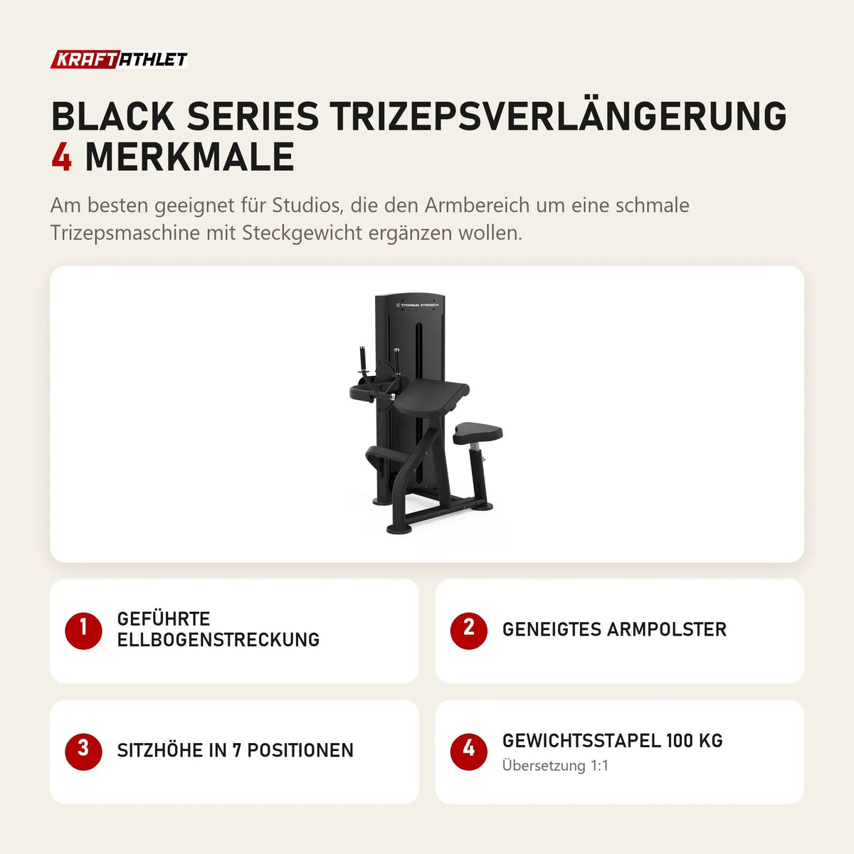 Titanium Strength Black Series Trizepsverlängerung mit 4 Merkmalen: Geführte Ellbogenstreckung, Geneigtes Armpolster, Sitzhöhe in 7 Positionen, Gewichtsstapel 100 kg