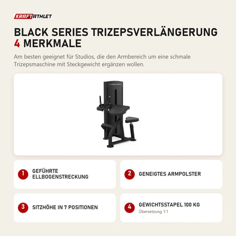 Titanium Strength Black Series Trizepsverlängerung mit 4 Merkmalen: Geführte Ellbogenstreckung, Geneigtes Armpolster, Sitzhöhe in 7 Positionen, Gewichtsstapel 100 kg