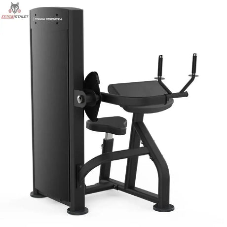 Titanium Strength Black Series Trizepsverlängerung: Seitenansicht mit Gewichtsturm und Armpolster, in Schwarz