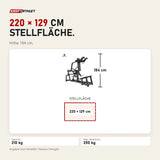 Maßbild Titanium Strength Black Series V-Squat: Stellfläche 220 × 129 cm, Höhe 184 cm