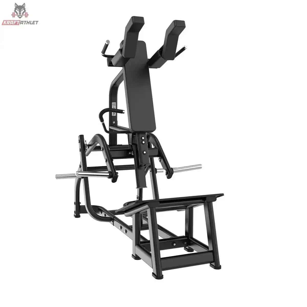 Titanium Strength Black Series V-Squat – Schrägansicht von hinten mit Schulterpolstern und Scheibenaufnahmen