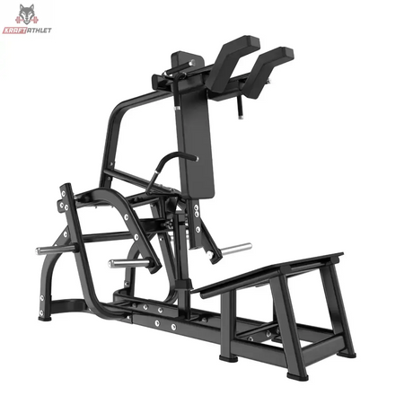 Titanium Strength Black Series V-Squat – Schrägansicht mit Schulterpolstern, Fußplattform und Hebelarm