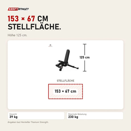 Maßbild Titanium Strength Black Series Verstellbare FID Multifunktionsbank: Stellfläche 153 × 67 cm, Höhe 125 cm