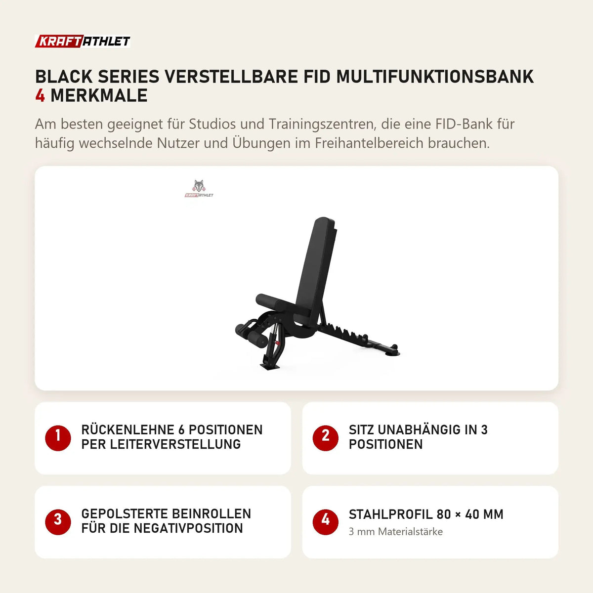 Titanium Strength Black Series Verstellbare FID Multifunktionsbank mit 4 Merkmalen: Rückenlehne 6 Positionen per Leiterverstellung, Sitz unabhängig in 3 Positionen, Gepolsterte Beinrollen für die Negativposition, Stahlprofil 80 × 40 mm