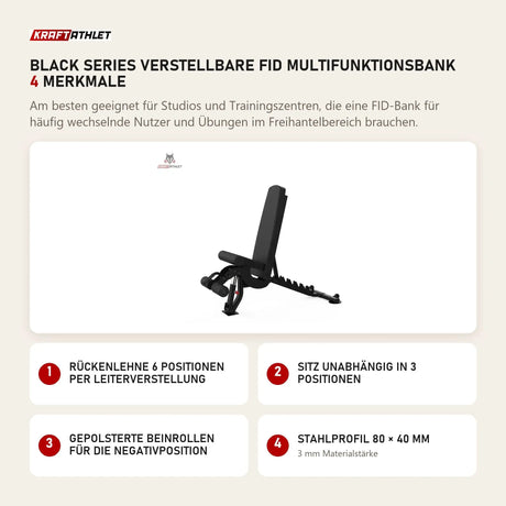 Titanium Strength Black Series Verstellbare FID Multifunktionsbank mit 4 Merkmalen: Rückenlehne 6 Positionen per Leiterverstellung, Sitz unabhängig in 3 Positionen, Gepolsterte Beinrollen für die Negativposition, Stahlprofil 80 × 40 mm