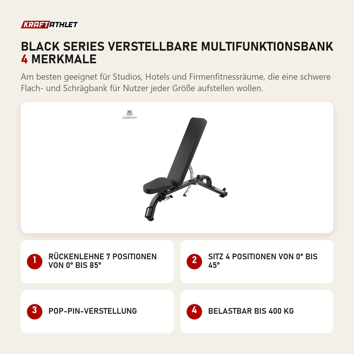 Titanium Strength Black Series Verstellbare Multifunktionsbank mit 4 Merkmalen: Rückenlehne 7 Positionen von 0° bis 85°, Sitz 4 Positionen von 0° bis 45°, Pop-Pin-Verstellung, Belastbar bis 400 kg