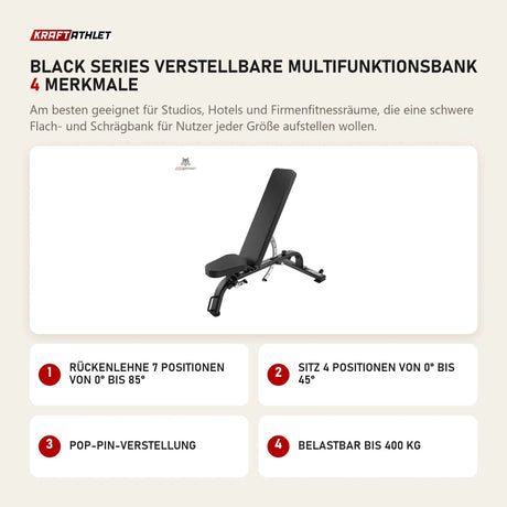 Titanium Strength Black Series Verstellbare Multifunktionsbank mit 4 Merkmalen: Rückenlehne 7 Positionen von 0° bis 85°, Sitz 4 Positionen von 0° bis 45°, Pop-Pin-Verstellung, Belastbar bis 400 kg