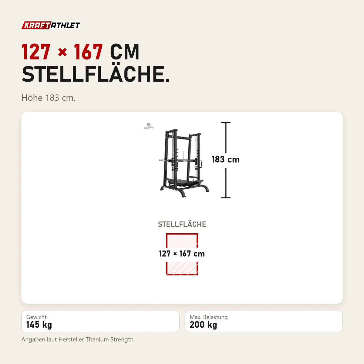 Maßbild Titanium Strength Black Series Vertikale 90-Grad-Beinpresse: Stellfläche 127 × 167 cm, Höhe 183 cm