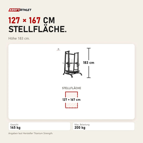 Maßbild Titanium Strength Black Series Vertikale 90-Grad-Beinpresse: Stellfläche 127 × 167 cm, Höhe 183 cm