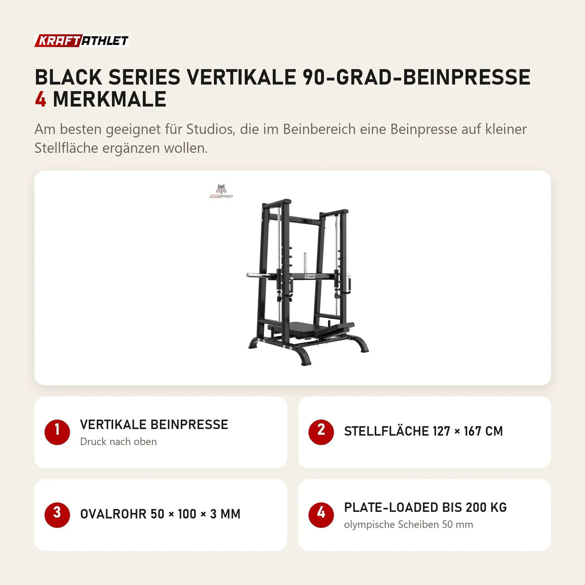 Titanium Strength Black Series Vertikale 90-Grad-Beinpresse mit 4 Merkmalen: Vertikale Beinpresse, Stellfläche 127 × 167 cm, Ovalrohr 50 × 100 × 3 mm, Plate-Loaded bis 200 kg