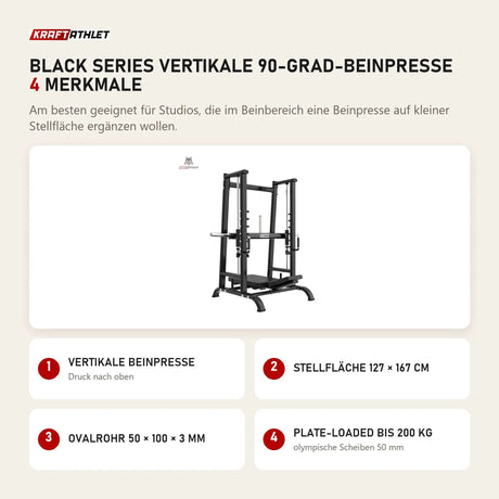 Titanium Strength Black Series Vertikale 90-Grad-Beinpresse mit 4 Merkmalen: Vertikale Beinpresse, Stellfläche 127 × 167 cm, Ovalrohr 50 × 100 × 3 mm, Plate-Loaded bis 200 kg
