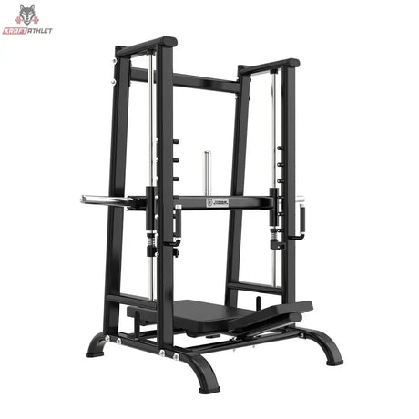 Titanium Strength Black Series Vertikale 90-Grad-Beinpresse in Schwarz, Schrägansicht mit Führungsstangen und Fußplatte