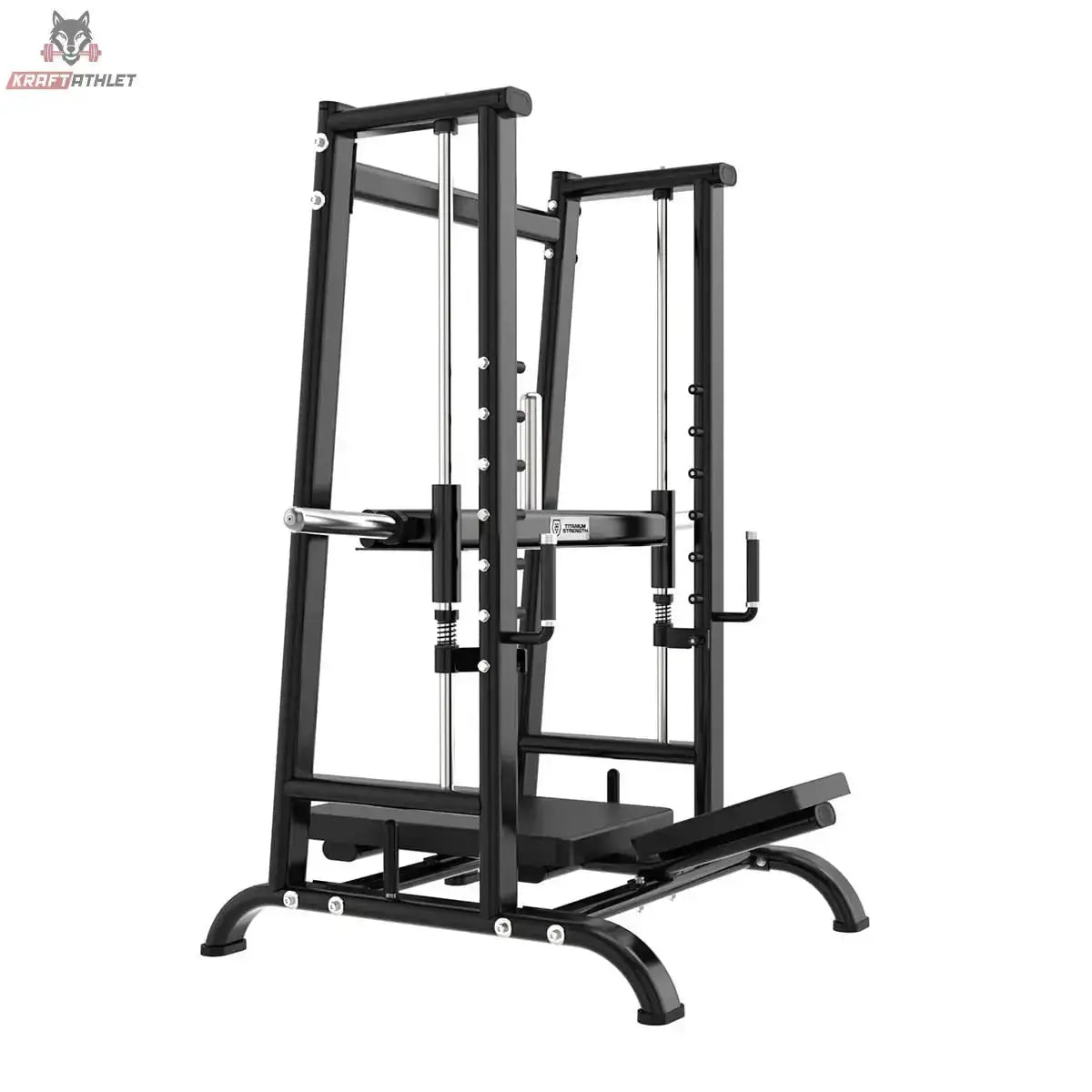 Titanium Strength Black Series Vertikale 90-Grad-Beinpresse in Schwarz, Schrägansicht von vorn mit Liegepolster