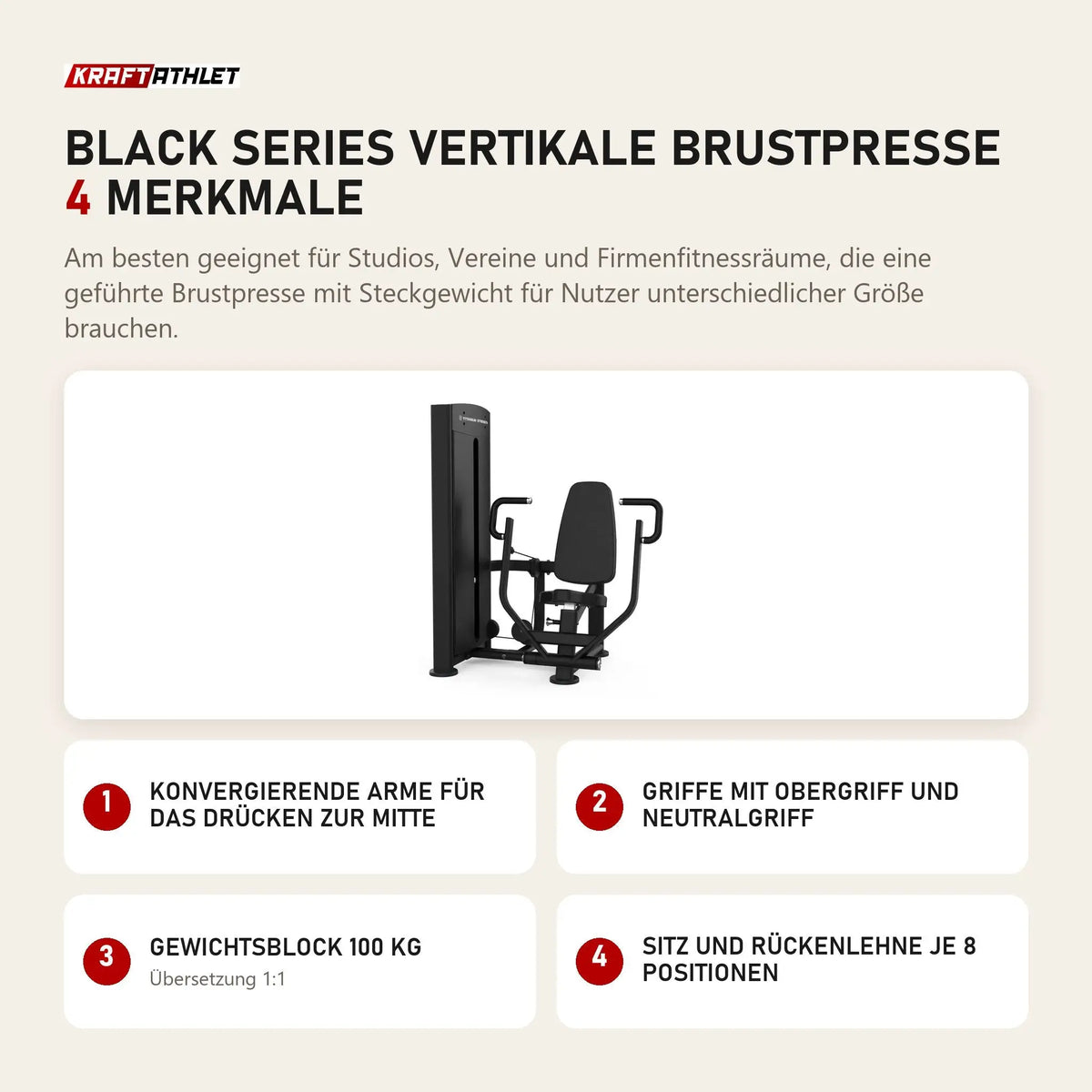 Titanium Strength Black Series Vertikale Brustpresse mit 4 Merkmalen: Konvergierende Arme für das Drücken zur Mitte, Griffe mit Obergriff und Neutralgriff, Gewichtsblock 100 kg, Sitz und Rückenlehne je 8 Positionen
