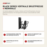 Titanium Strength Black Series Vertikale Brustpresse mit 4 Merkmalen: Konvergierende Arme für das Drücken zur Mitte, Griffe mit Obergriff und Neutralgriff, Gewichtsblock 100 kg, Sitz und Rückenlehne je 8 Positionen