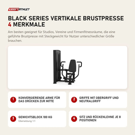Titanium Strength Black Series Vertikale Brustpresse mit 4 Merkmalen: Konvergierende Arme für das Drücken zur Mitte, Griffe mit Obergriff und Neutralgriff, Gewichtsblock 100 kg, Sitz und Rückenlehne je 8 Positionen